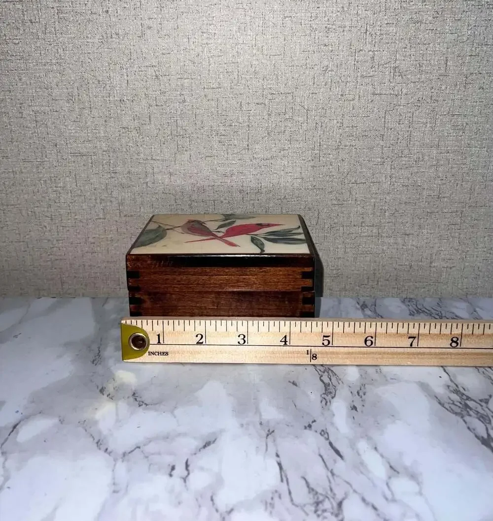 Vintage Reuge Wooden Music Box with Cardinal Tile Lid